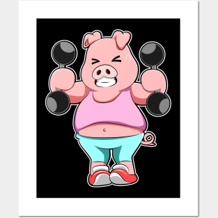 Pig at Bodybuilding with Dumbbells Posters and Art